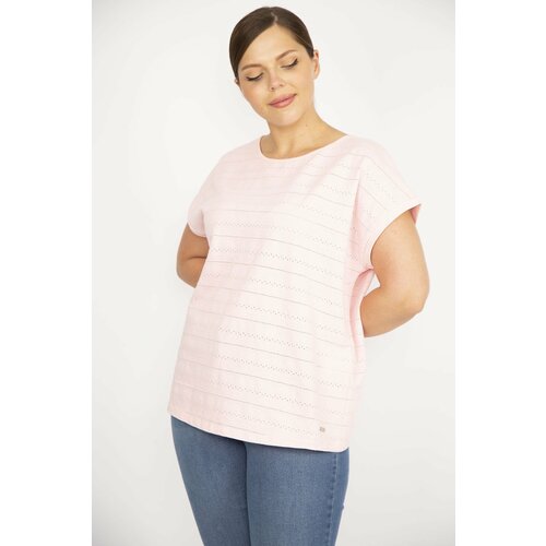Şans Women's Pink Plus Size Cotton Fabric Self Patterned Low Sleeve Blouse Slike