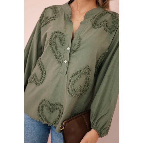 Kesi Włoski Cotton shirt blouse with hearts khaki Slike