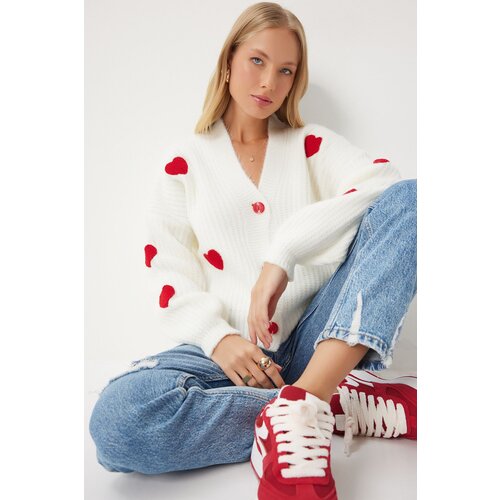 Happiness İstanbul Women's White Heart Motif Oversize Knitwear Cardigan Slike