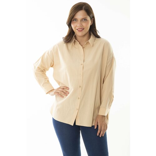 Şans Women's Plus Size Beige Front Buttoned Long Sleeve Shirt Slike