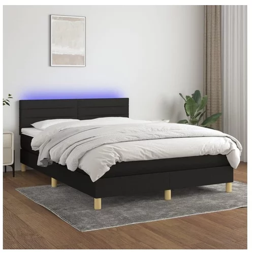  Box spring postelja z vzmetnico LED črna 140x200 cm blago