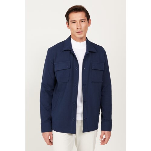 AC&Co / Altınyıldız Classics Men's Navy Blue Oversize Fit Wide Cut Classic Collar Cotton Patterned Shirt Jacket Slike