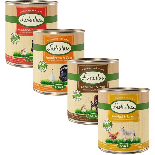  Ekonomično pakiranje Lukullus 24 x 800 g - Perad i janjetina, divlji zec i puretina, pureća srca i guska, kunić i divljač Cijene
