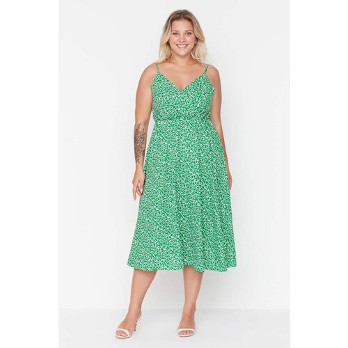 Trendyol curve Green Double Breasted Collar Floral Patterned Strap Knitted Dress Slike