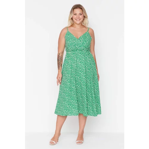 Trendyol curve Green Double Breasted Collar Floral Patterned Strap Knitted Dress