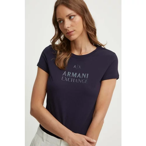 Armani Exchange Bombažna kratka majica ženski, mornarsko modra barva
