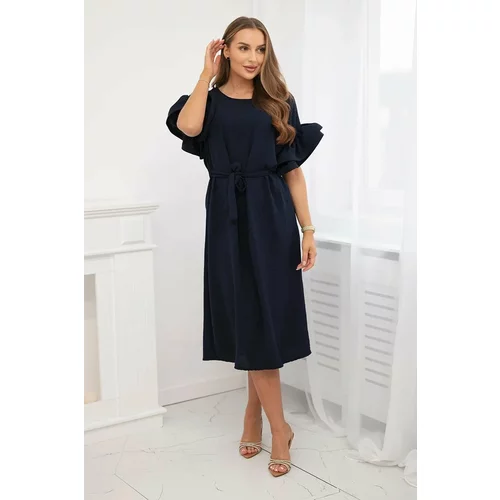 Kesi Dress with a tie at the waist with decorative navy sleeves