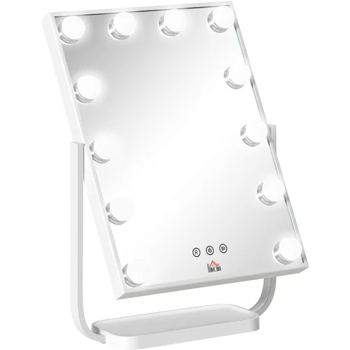 HOMCOM Hollywoodsko nagibno osvetljeno ogledalo za ličenje, namizno ogledalo z 12 lučmi LED, nastavljiva svetlost, belo, (20745287)