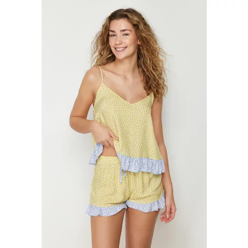 Trendyol Yellow-Multi Color Polka Dot Ruffle Detail Viscose Woven Pajamas Set