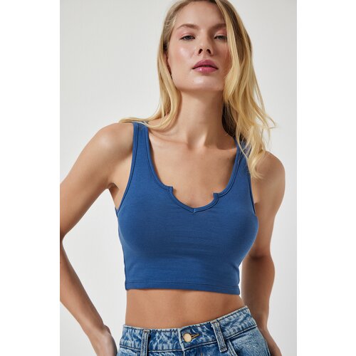Happiness İstanbul women's indigo blue strappy crop knitted blouse Slike