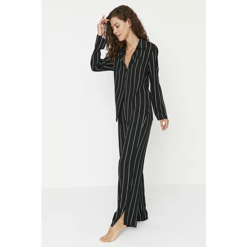 Trendyol Black Striped Shirt Collar Viscose Woven Pajamas Set