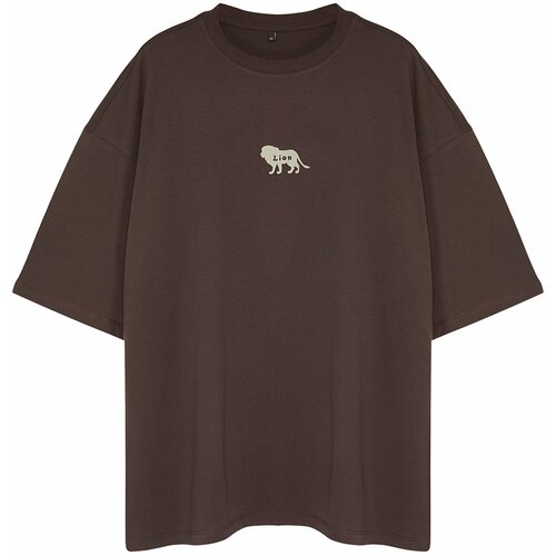 Trendyol Plus Size Dark Brown Men's Oversize Comfortable Animal Print Embroidery 100% Cotton T-Shirt Slike
