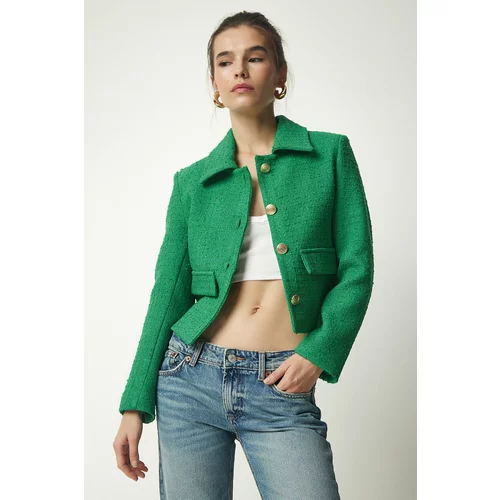 Happiness İstanbul Women's Green Tweed Crop Jacket