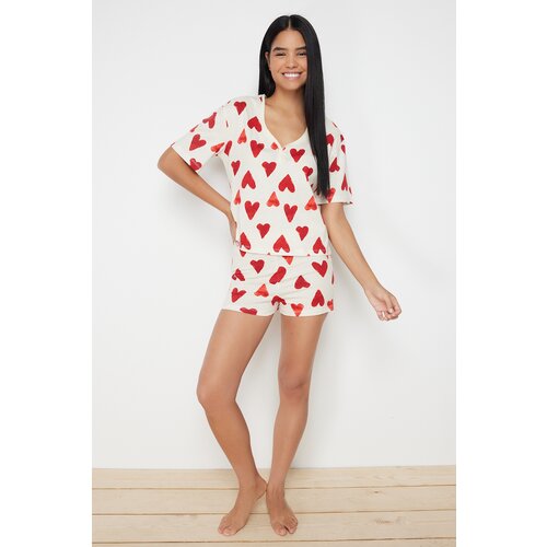 Trendyol Powder 100% Cotton Heart Tshirt-Shorts Knitted Pajama Set Slike