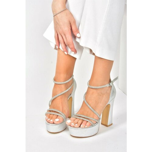 Fox Shoes Silver Glitter Platform Thick Heels Women's Evening Dress Shoes Cene