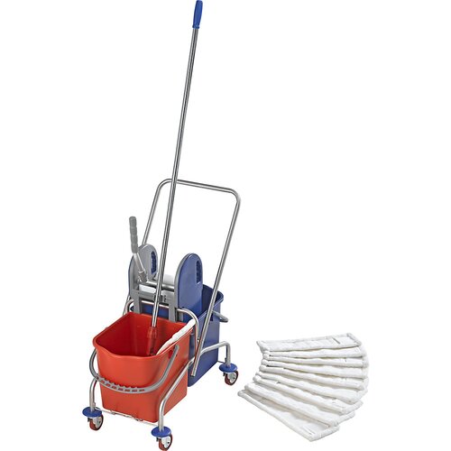 eurokraft pro Komplet čistilnih vozičkov iz nerjavečega jekla, komplet z 2 x 25-l vedrom z ožemalom za mope, kovinska kolesa in mop Cene