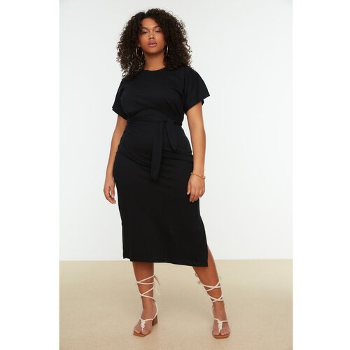 Trendyol Curve Black Tie Detailed Slit Knitted T-Shirt Dress Slike