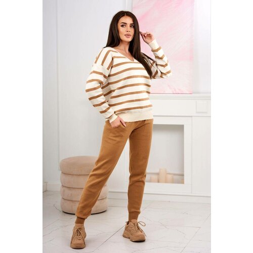 Kesi Sweater set Striped sweatshirt + Camel trousers + ecru Slike