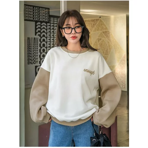 K&H TWENTY-ONE Women's White Enough Printed Beige Sleeve Detail Oversize Sweatshirt