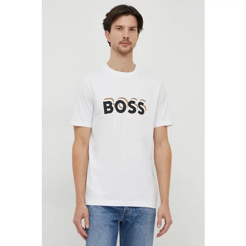 Boss Pamučna majica za muškarce, boja: bijela, s tiskom