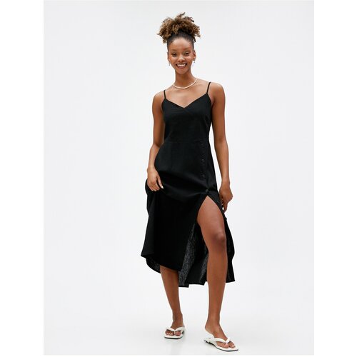 Koton Midi Dress Thin Straps Slit Front Buttoned Linen Blended Slike