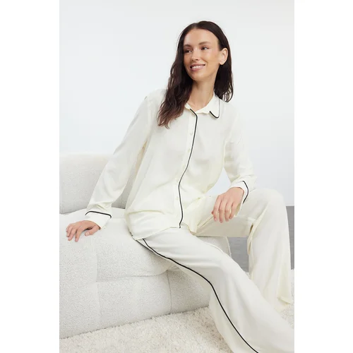 Trendyol Ecru Piping Detailed Viscose Woven Pajama Set