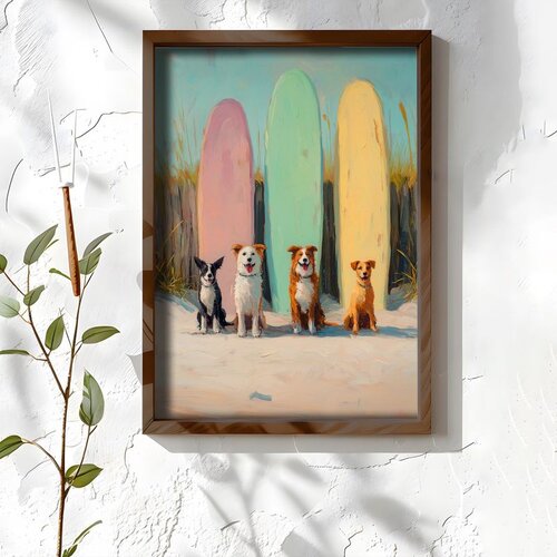 Wallxpert uramljena MDF slika NAL032-46, četiri psa ispred dasaka za surfovanje na plaži, 35,5 x 47 cm Cene