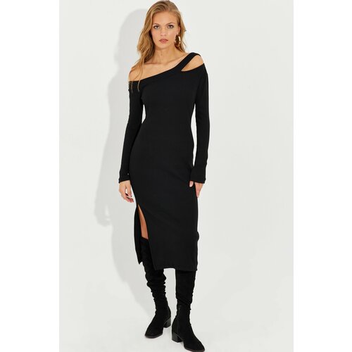 Cool & Sexy Women's Black Asymmetrical Collar Window Slit Midi Dress Slike