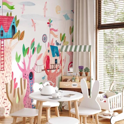 Foto tapeta - Painted tree houses - a colourful fantasy with kites for children 294x210 Samoljepljiva Cijene