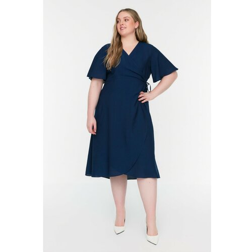 Trendyol ženska haljina Curve Navy Blue V Neck Tie Detailed Cene