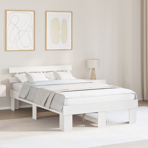 VidaXL posteljni okvir z naslonom Bela 135x190 cm Trden borov les Slike