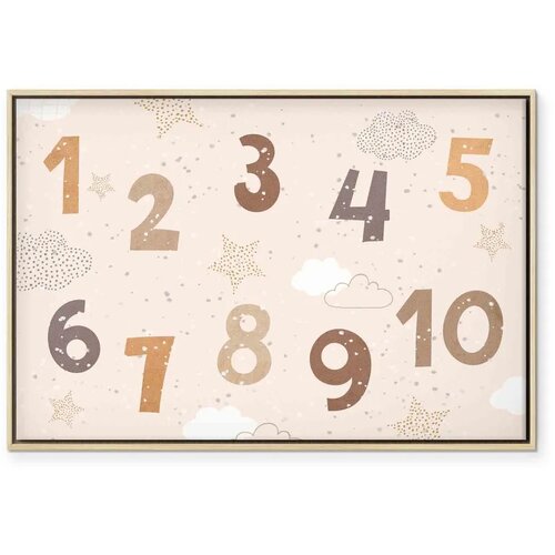  Slika - Jumping Numbers - Numbers in a Subdued Beige-Brown Hue Among Snowflakes Stars and Clouds 60x40 U prirodnom drvenom okvir Slike