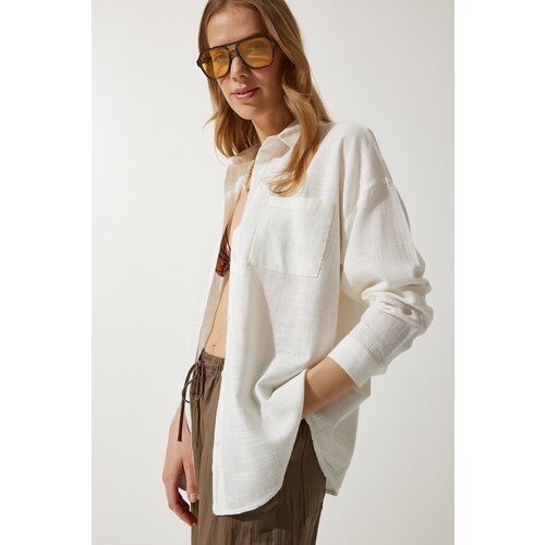 Happiness İstanbul Women's Ecru Pocket Oversize Linen Shirt Slike