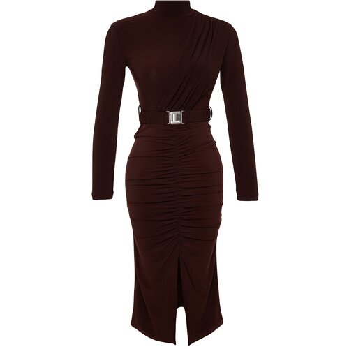 Trendyol Brown Fitted/Sticky Collar Knitted Dress with Draping and Belt Slike
