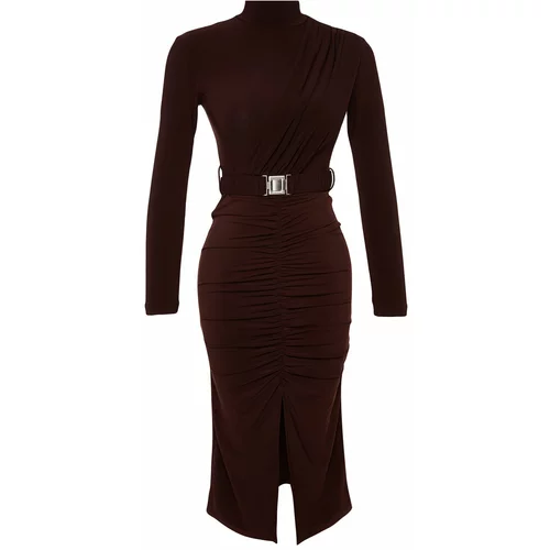 Trendyol Brown Fitted/Sticky Collar Knitted Dress with Draping and Belt