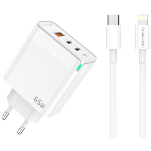Jellico hi&amp;scaron;ni polnilec adapter C79 220V Gun Quick Charge PD 65W vhod 1x USB A in 2x Type C - (s kablom Lightning- TypeC) 3.0 bel, (21150031) Slike