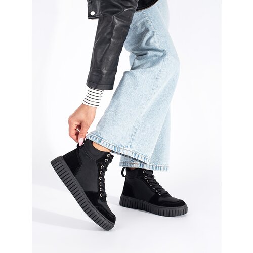 Shelvt Black ankle boots made of natural leather on a thick embossed sole Slike