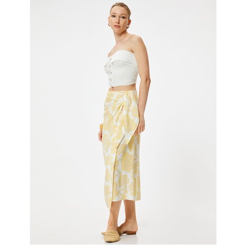 Koton X Melis Ağazat - Floral Midi Length Double Breasted Skirt Side Tie Viscose Fabric Cene