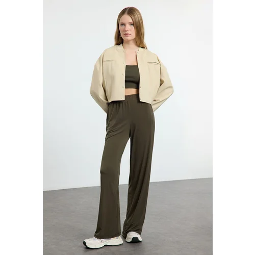  Khaki Wide Leg/Relaxed Cut High Waist Flexible Trousers