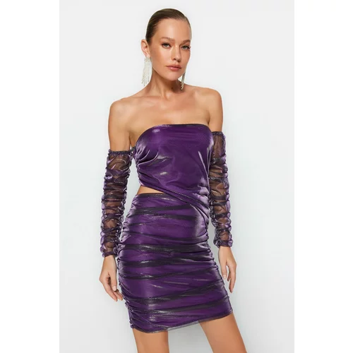Trendyol Purple Fitted Evening Dress with Shimmering Window/Cut Out Detailed Tulle Evening Dress
