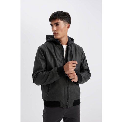 Defacto Slim Fit Hooded Faux Leather Jacket Slike