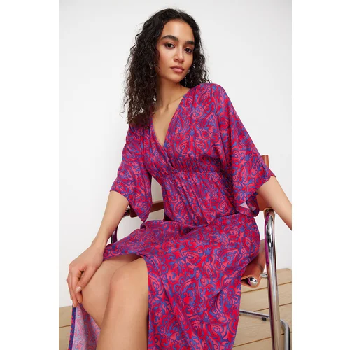 Trendyol Fuchsia Floral Pattern A-Line Double Breasted Neck Midi Woven Midi Woven Midi Dress