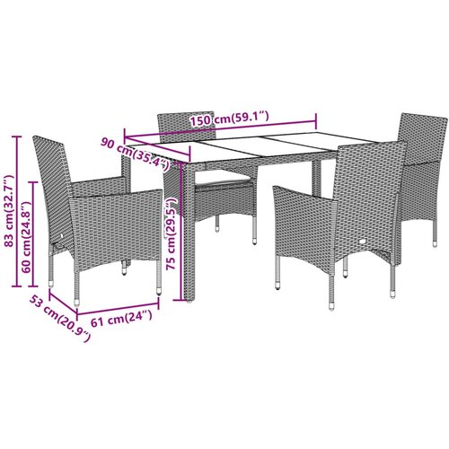  5-dijelni vrtni blagovaonski set s jastucima poliratan i bagrem Crna 150 x 90 x 75 cm Slike