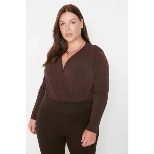 Trendyol Curve Brown V Neck Double Breasted Closure Knitted Body