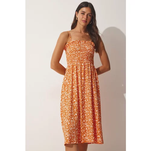 Happiness İstanbul Women's Orange Viscose Floral Summer Dress with Straps
