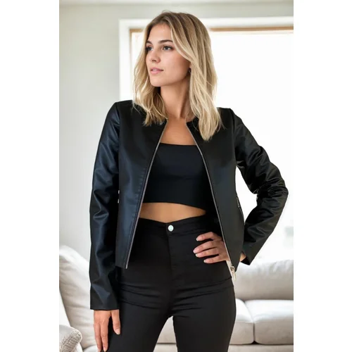 Dewberry 99098 Plain Women PU Jacket-BLACK