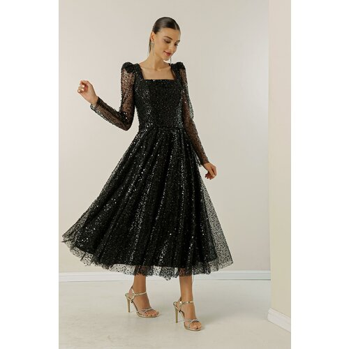 By Saygı Square Neck Long Sleeves Lined Sequins Beaded Dress Cene