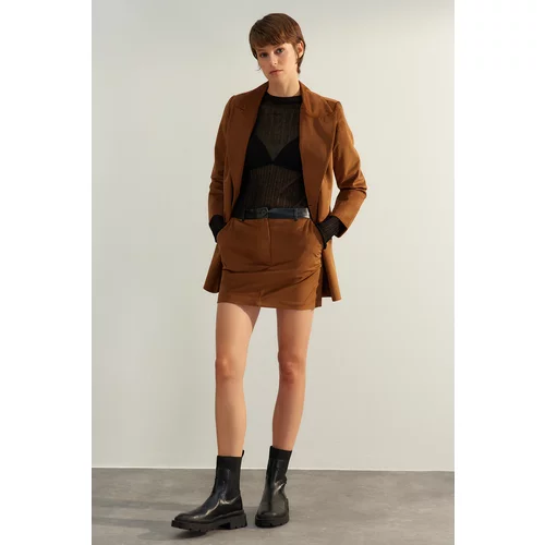 Trendyol Dark Brown Premium High Quality Velvet Mini Woven Skirt