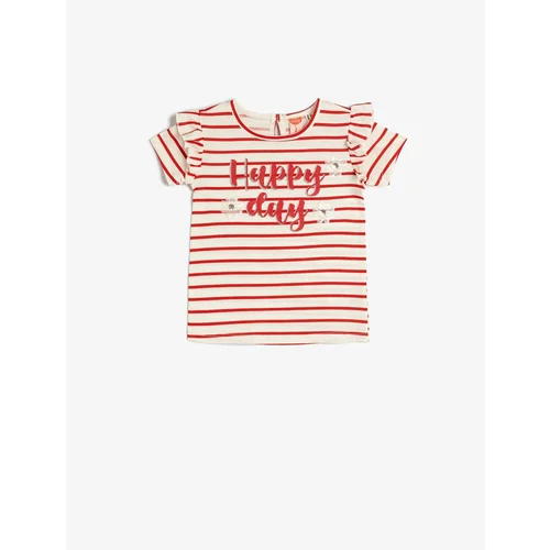 Koton Striped T-Shirt Short Sleeve Cotton T-Shirt With Ruffle Sequins Embroidered
