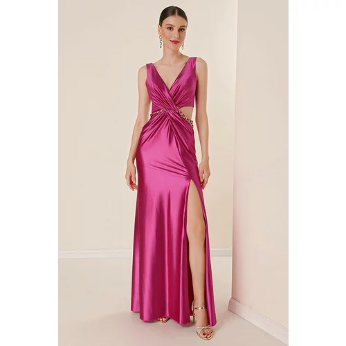 By Saygı Double-breasted Collar Lined Waist Decollete Chain Detail Long Satin Dress Fuchsia.